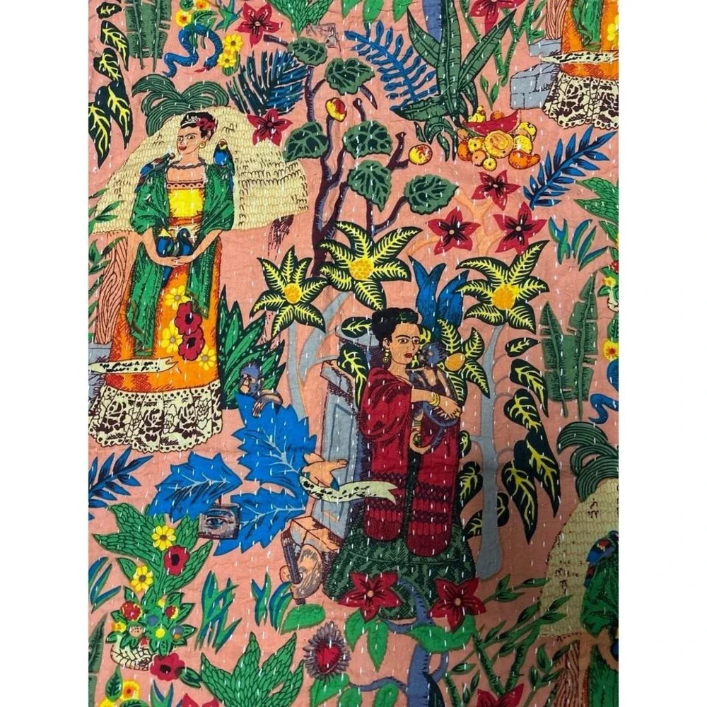 Peach Frida Kahlo boho cotton quilt‎ throw 90